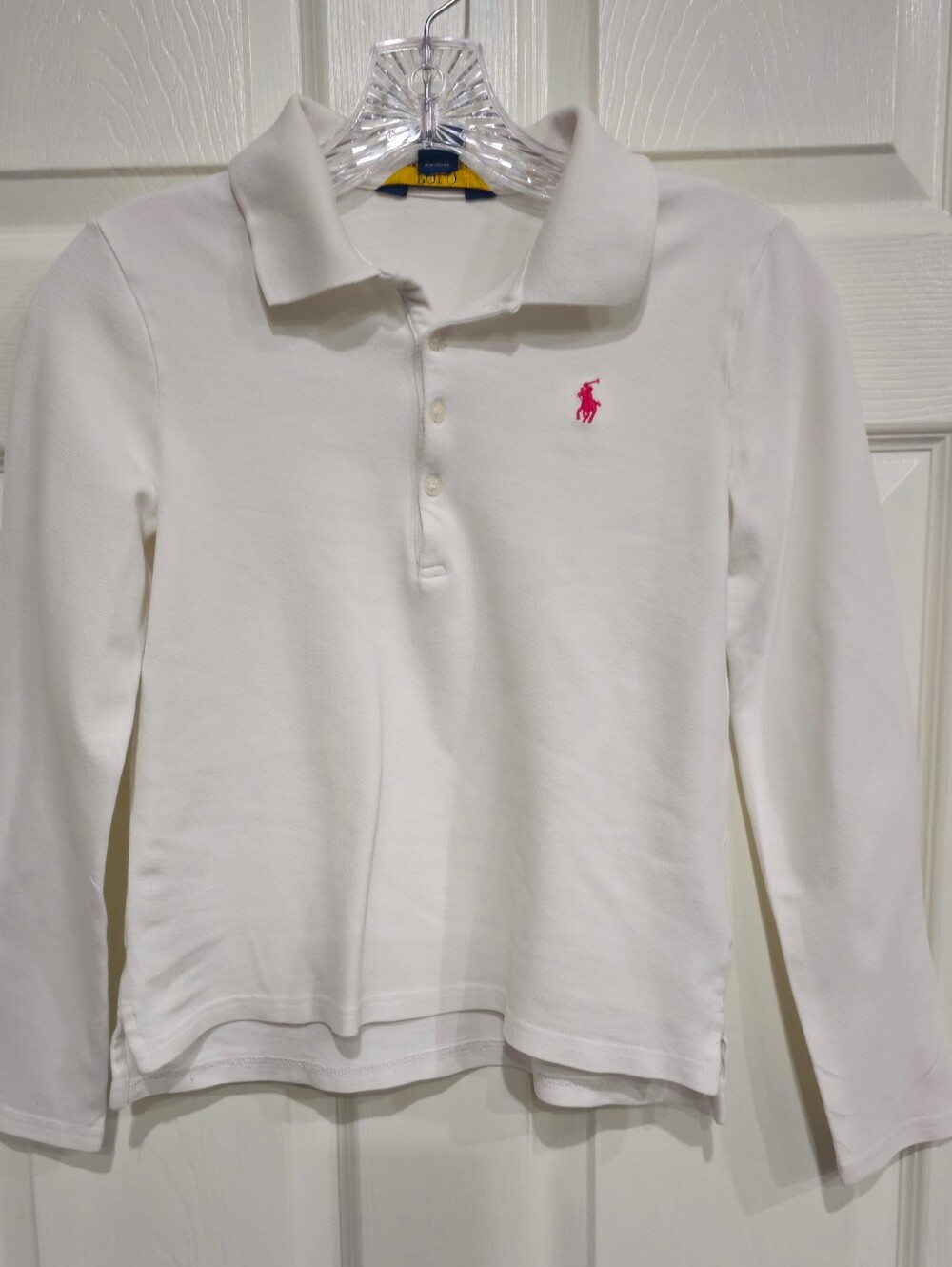 Polo by Ralph Lauren White Long-Sleeve Polo with Pink Embroidered Pony